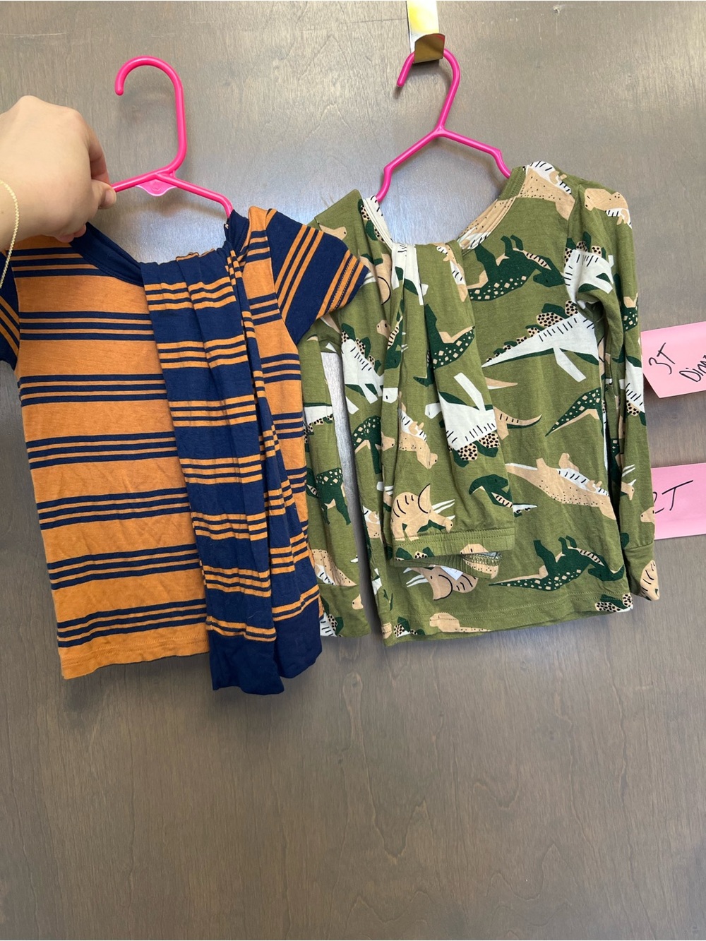 Boys' Striped Tee & Dinosaur Top Set - Navy, Orange & Olive Green